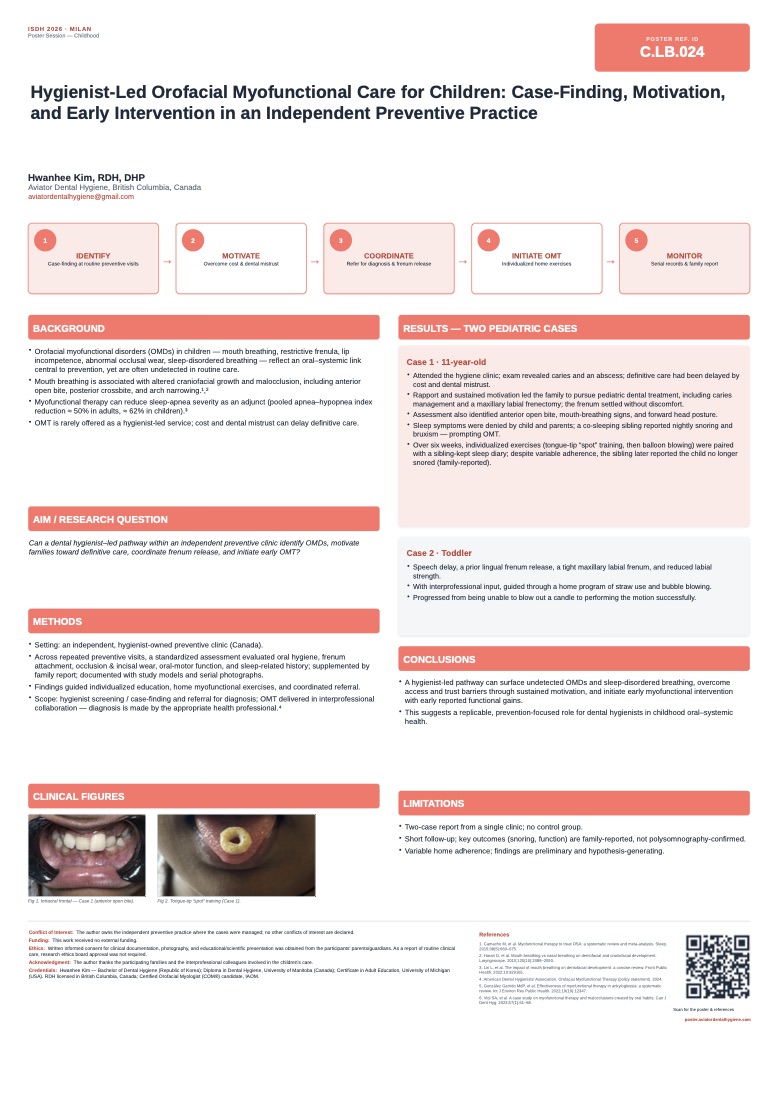 Poster preview — Hygienist-Led Orofacial Myofunctional Care for Children (ISDH 2026, board C.LB.024)